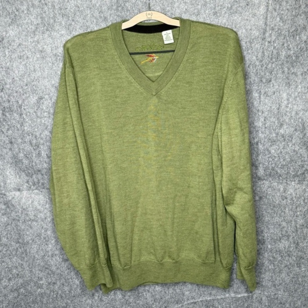 Orvis Men's Merino Wool V-Neck Long Sleeve Pullover Green Sweater- Sz‎ L